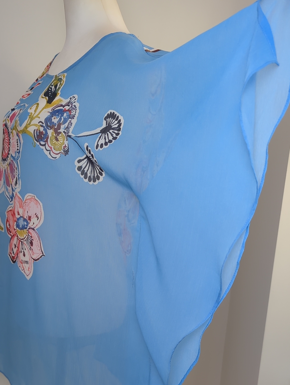 Chico's Watercolor Floral Sheer Poncho Blouse Top Sky Blue L XL - Picture 10 of 14